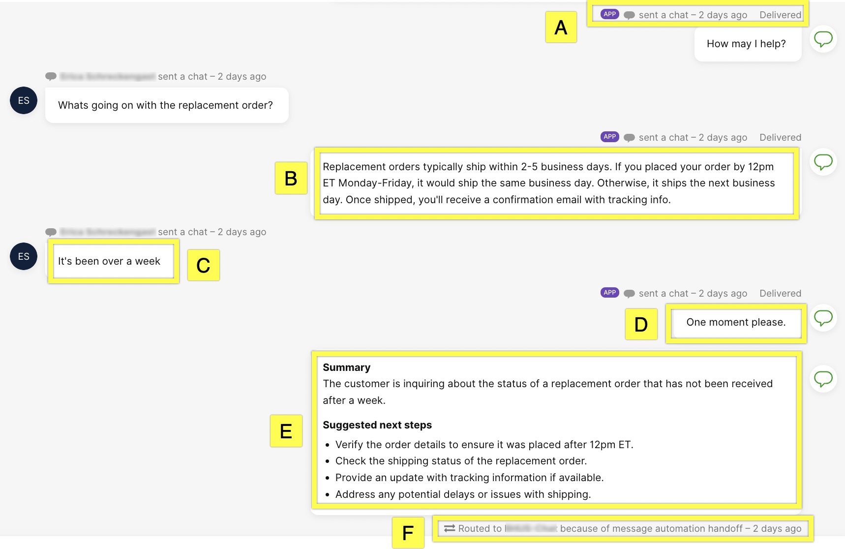 Customer inquires about replacement order status after a week of waiting.